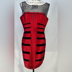 BCBG MAX AZRIA Bright Red Satin Mesh Panel Bandage Dress, size 12 New Cocktail